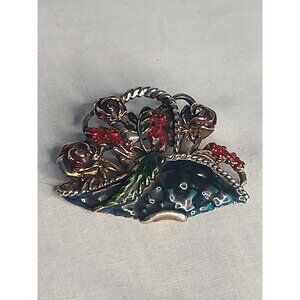 Vintage Enamel Floral Basket Of Roses Brooch Lapel Pin